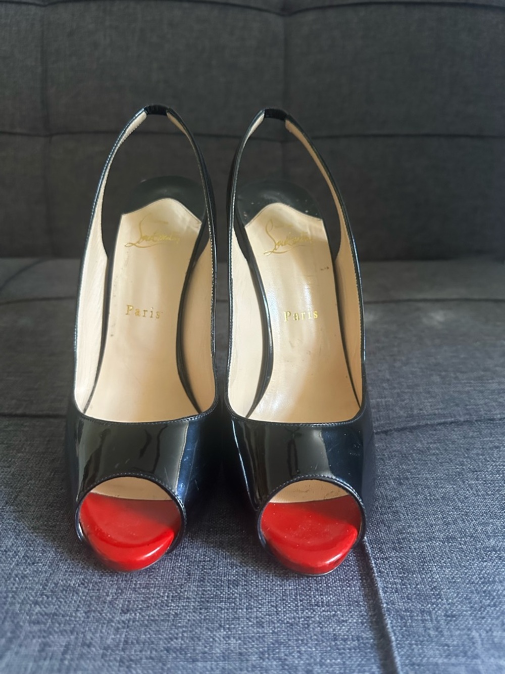 Christian Louboutin Black Patent Peep-Toe Slingback Heels Red Soles 39.5 Auth